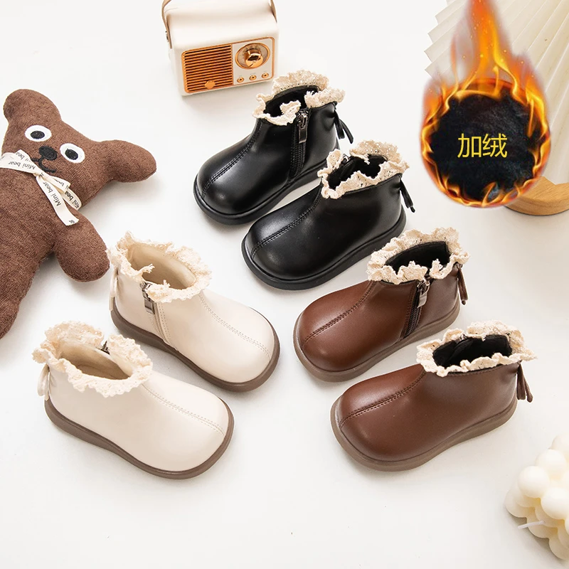 秋冬款防滑软底靴女小童英伦风皮靴冬季加绒女女童洋气小短靴