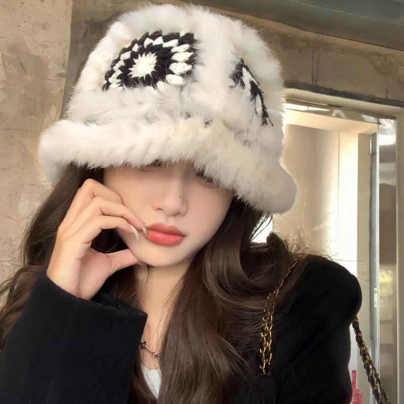 兔毛针织毛绒帽女秋冬毛茸茸虎头醒狮渔夫帽可爱显脸小毛时尚百搭
