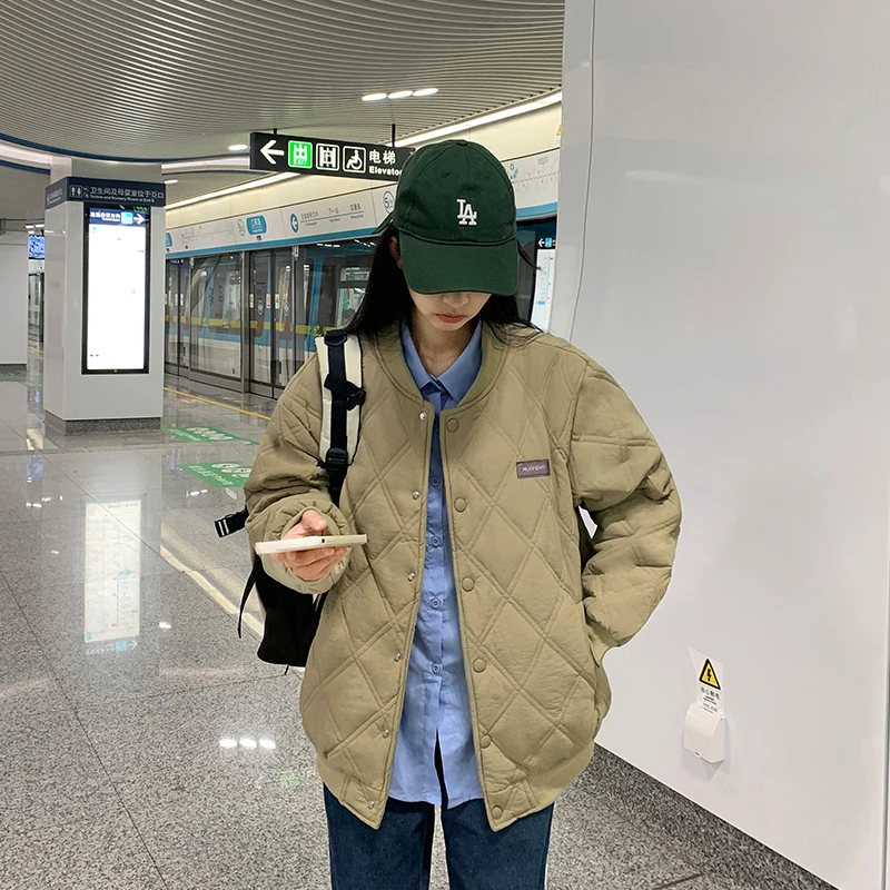 男女同款棒球服新款春秋季轻薄棉服宽松慵懒百搭菱格棉衣情侣外套