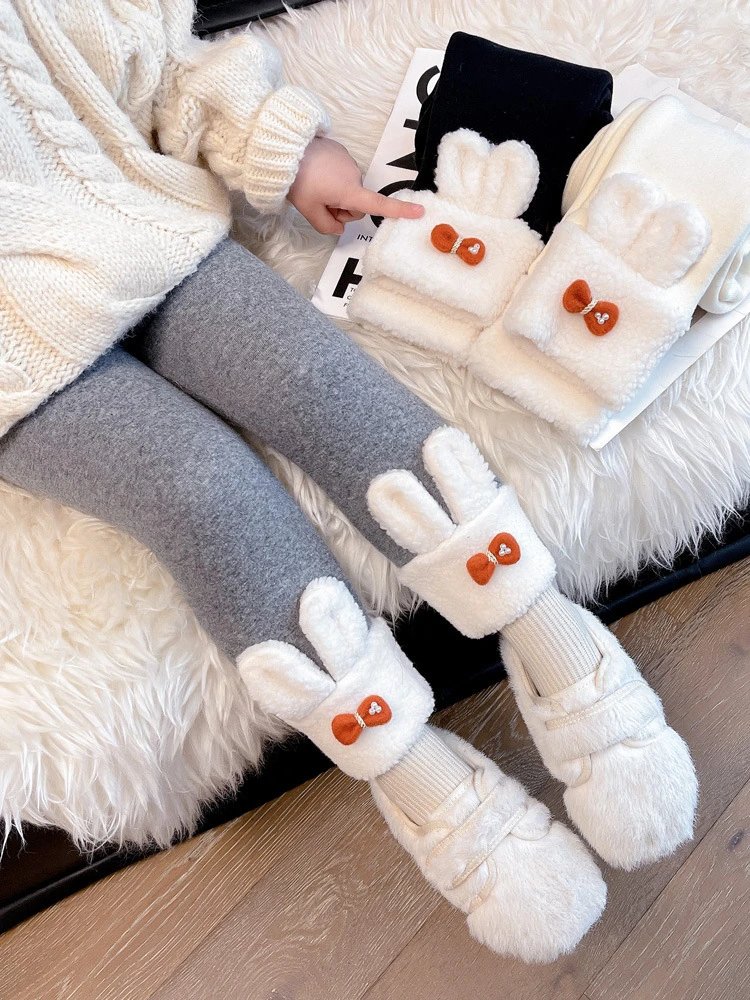 韩版女童兔耳朵加绒打底裤2023年冬季新款洋气女孩保暖修身裤童装