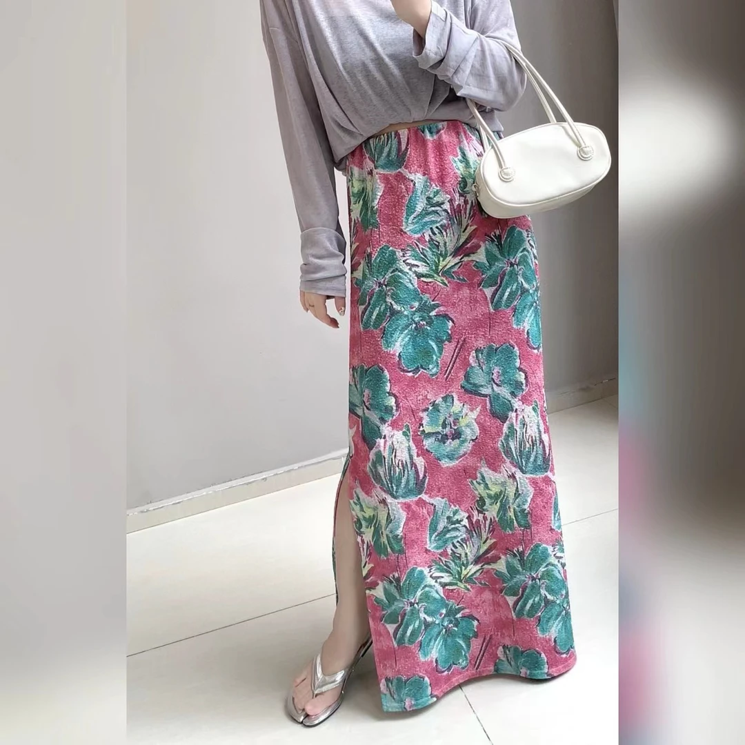 【夏日花开有时直筒裙开叉系列】夏季提花显瘦气质高腰中长款半身裙