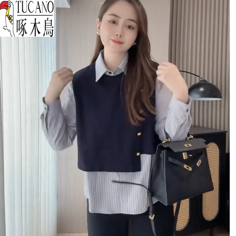 TUCANO/啄木鳥2024秋小个子休闲假两件条纹衬衫女设计感显瘦上衣