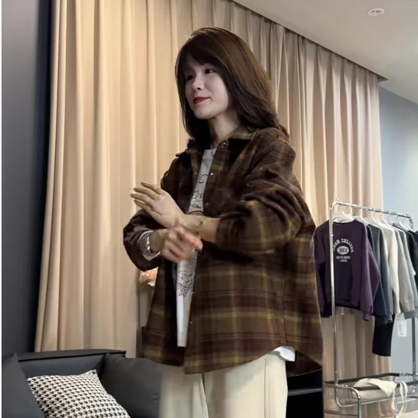 高级感磨毛格子衬衫2025秋冬加厚外套女新款休闲叠穿格纹衬衣上衣