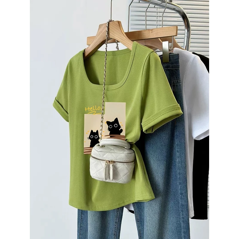 法式方领正肩上衣夏季2024新款设计感小众大码遮肚宽松短袖t恤女