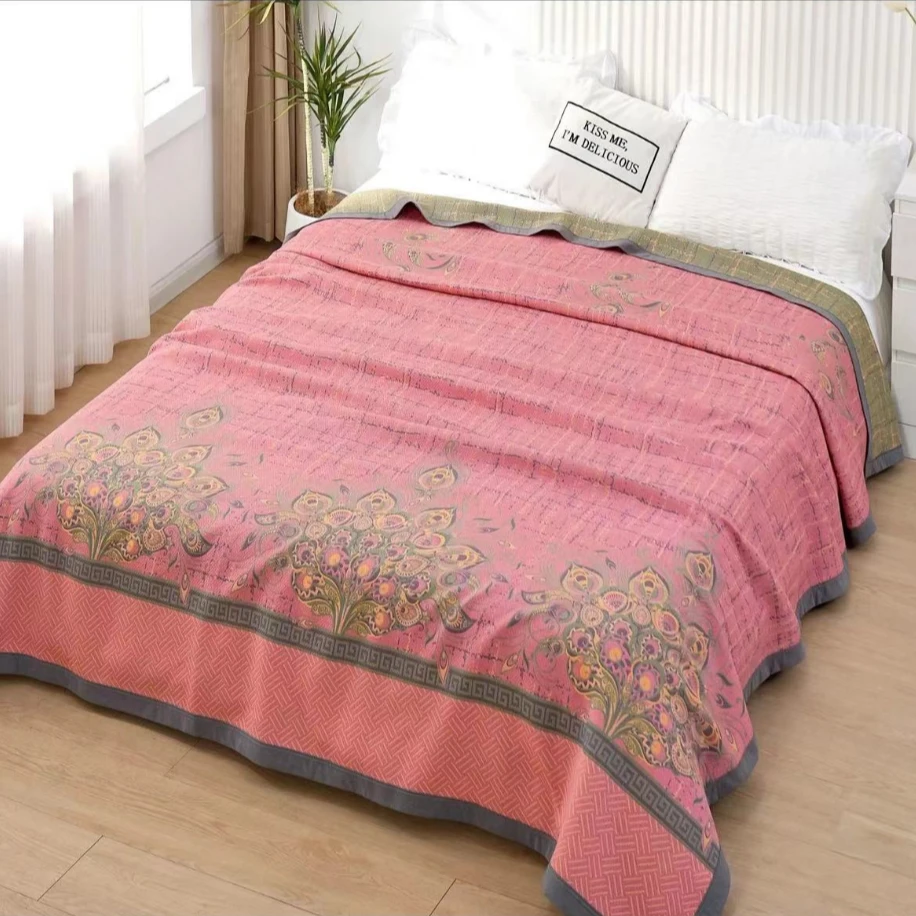 多功能纱布盖毯--粉色雀翎230*250