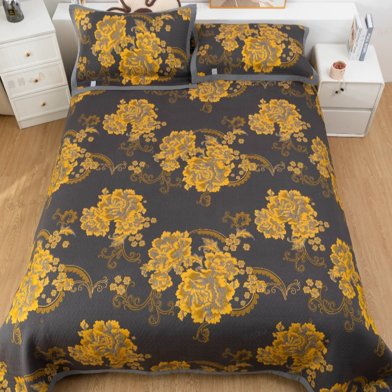 织金纱布盖毯三件套--黑金牡丹