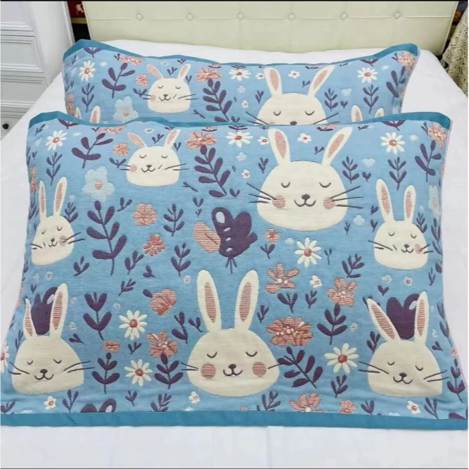 纯棉纱布枕巾--花朵微笑兔52*78