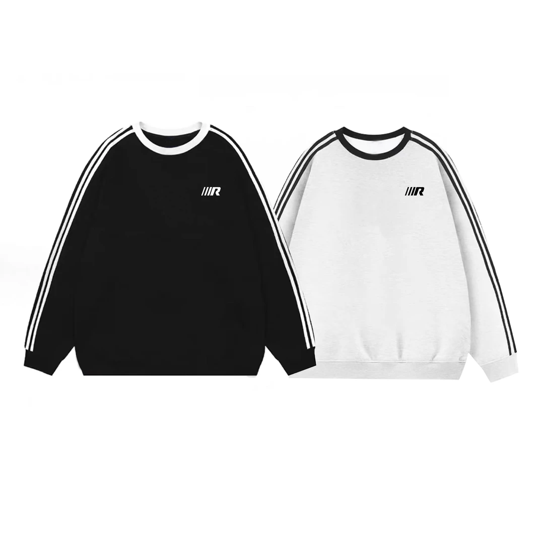 原创国潮字母条纹长袖圆领卫衣男女秋冬加绒百搭高街情侣上衣撞色