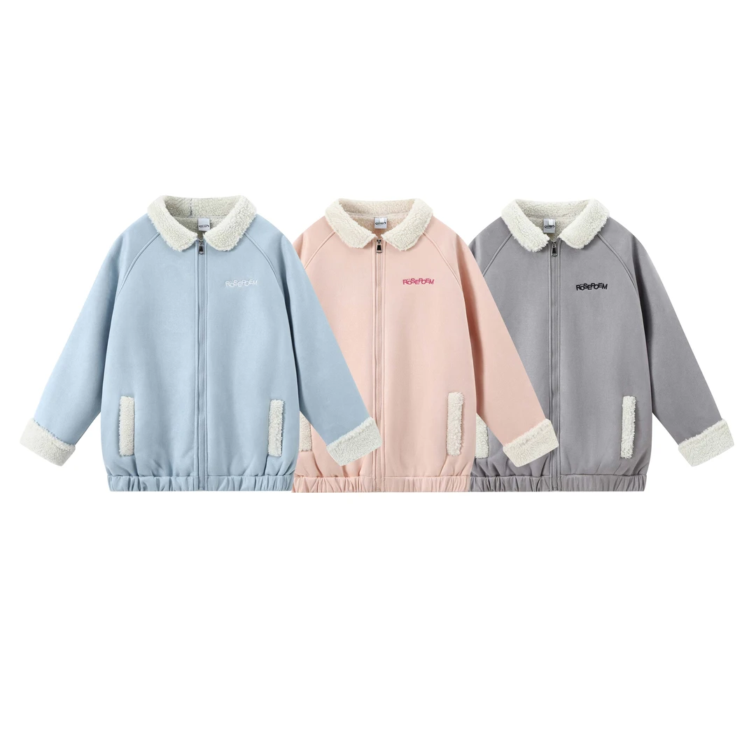 ROSE秋冬季保暖加厚百搭宽松麂皮冰岛绒字母刺绣拉链翻领外套款式