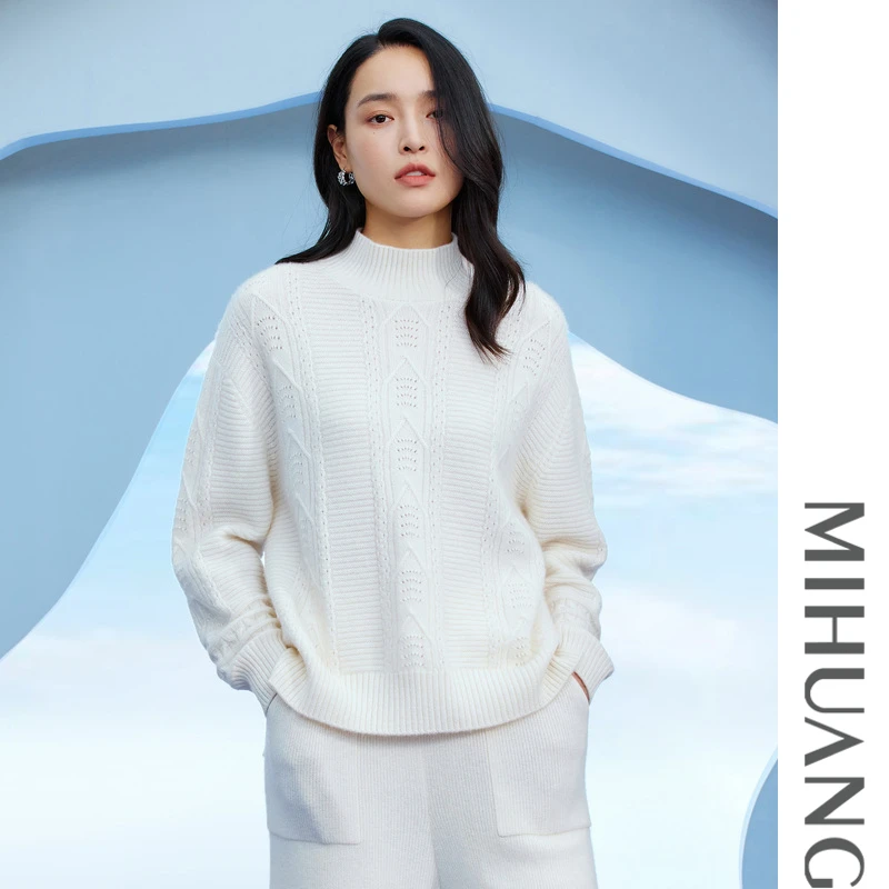 MIHUANG/米皇半高领宽松厚款镂空羊绒女衫532219