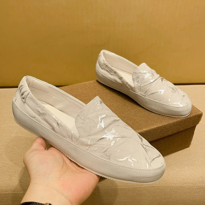 Yestony爆款银色不规则印花迷彩乐福鞋休闲一脚蹬男士真皮豆豆鞋