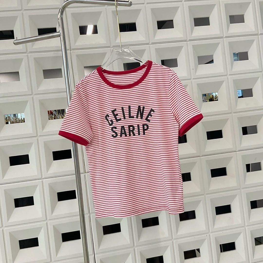 【厂家福利】夏季新款红边撞色横条印花短袖字母女生体恤jyc434