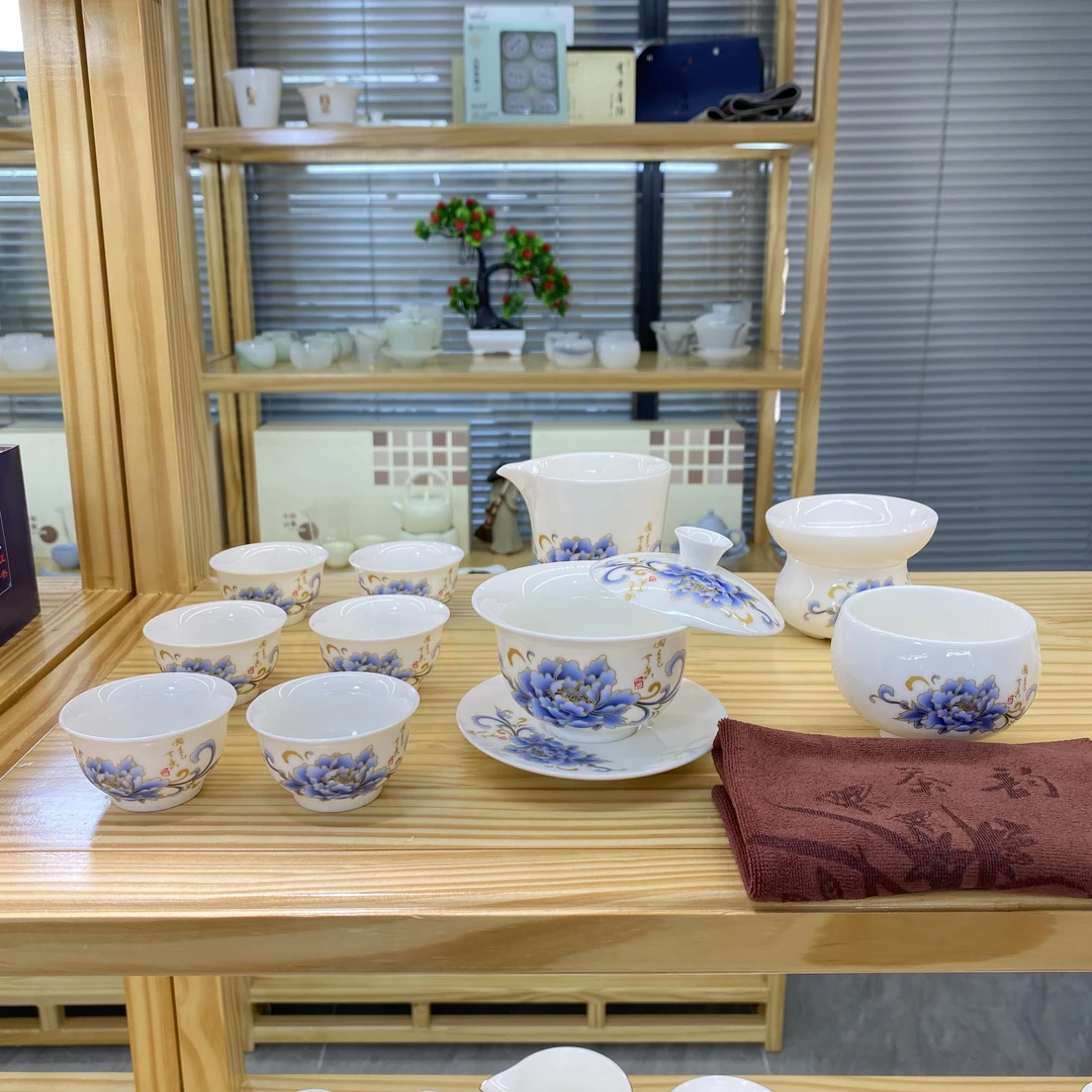 国色天香羊脂玉瓷茶具套装家用盖碗茶壶功夫茶具 安全泡沫包装