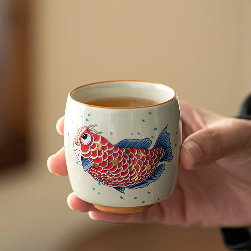 草木灰龙鱼国潮风主人杯单杯陶瓷家用喝茶杯子茶室高档功夫泡茶具