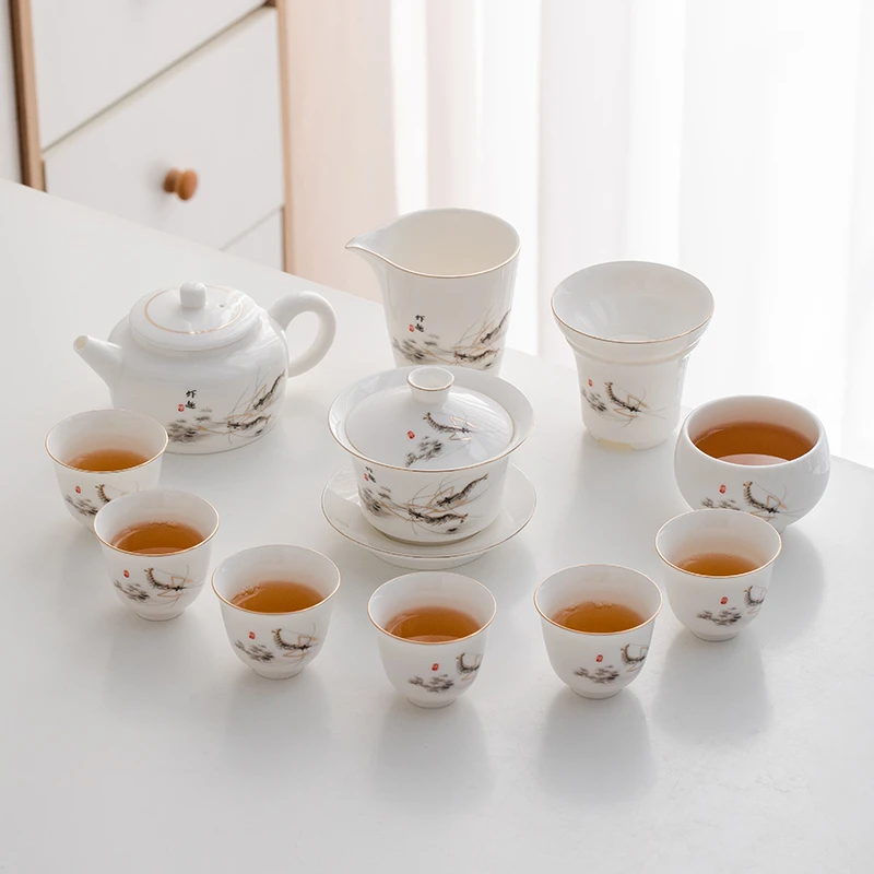 描金虾趣羊脂玉白瓷功夫茶具套装高档家用办公茶壶茶杯盖碗整套