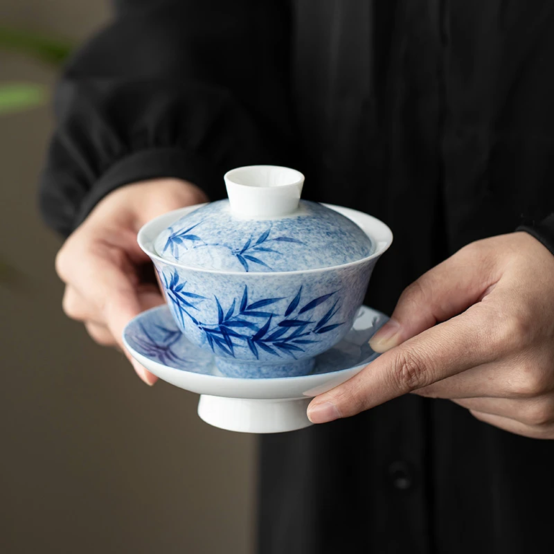 瓷恒堂手绘墨染青竹花边三才盖碗单个精致不烫手泡茶碗敬茶碗