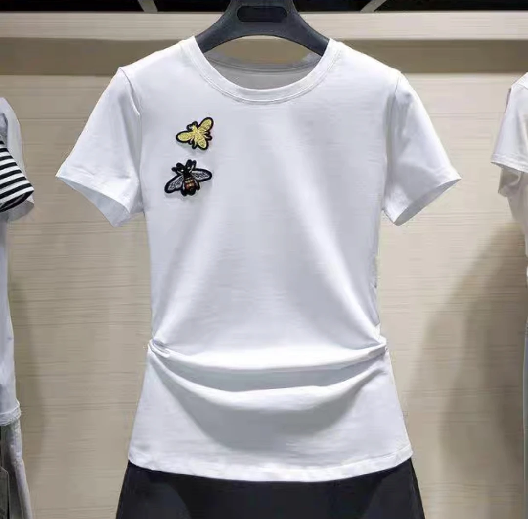 2024夏季白色小蜜蜂莫代尔圆领短袖T恤女1001