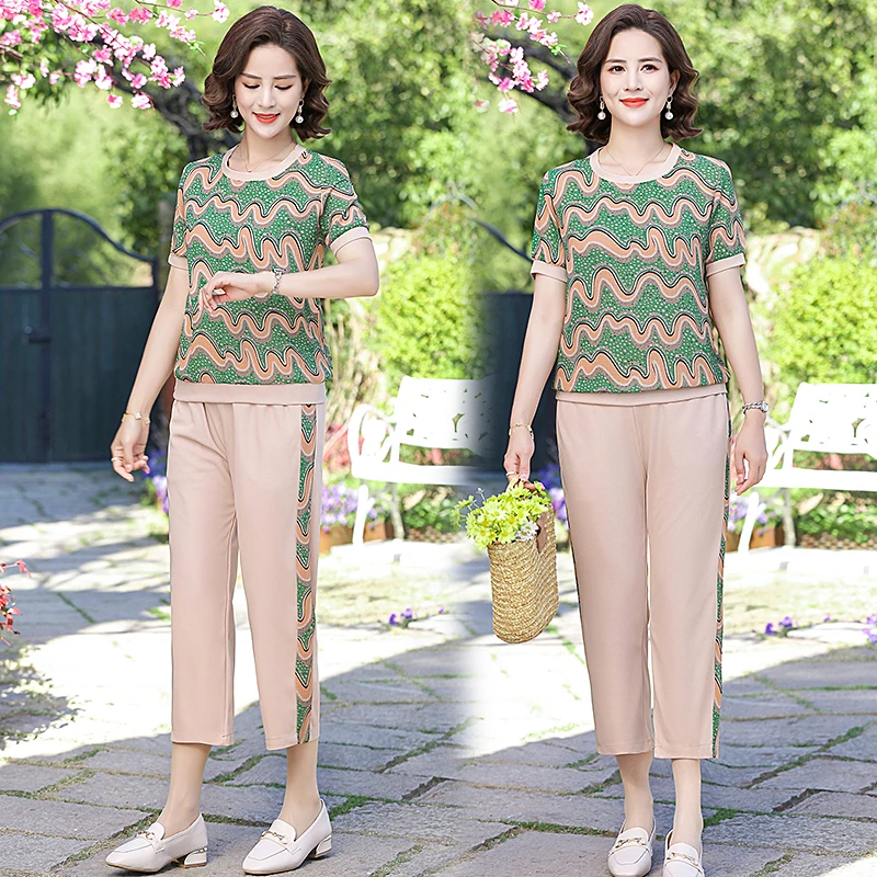 芊上 9825妈妈装夏款气质短袖套装中老年女装洋气显瘦套装两件套