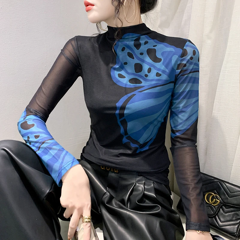 9851#2023秋装新款高领长袖网纱定位印花t恤女时尚修身打底衫潮