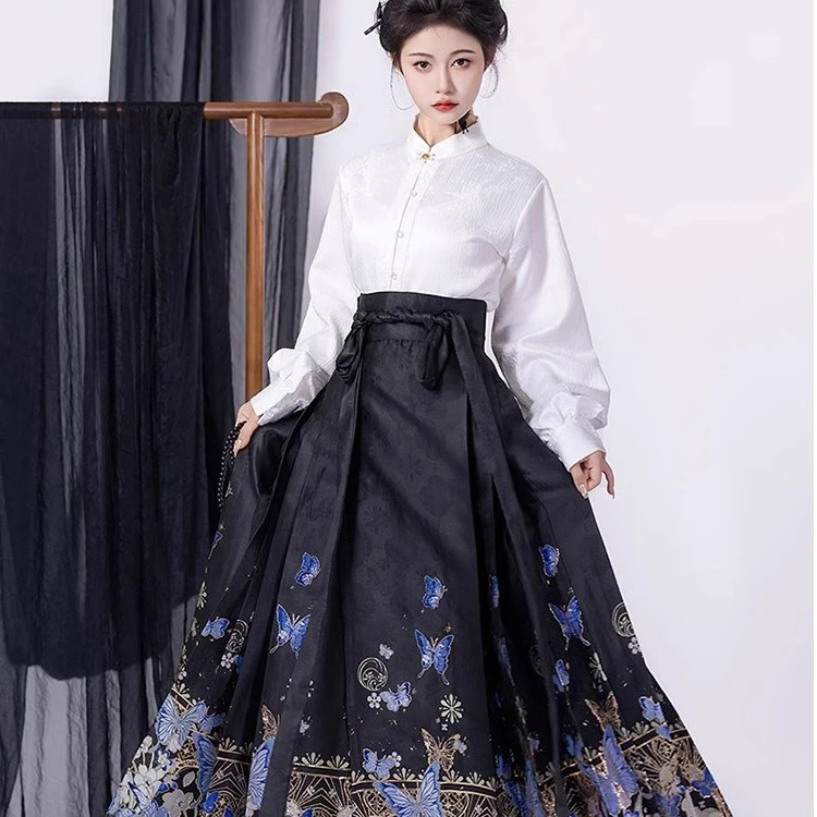倾雪花眷原创汉服【蓝闪蝶】女明制妆花马面裙立领衬衣日常秋冬