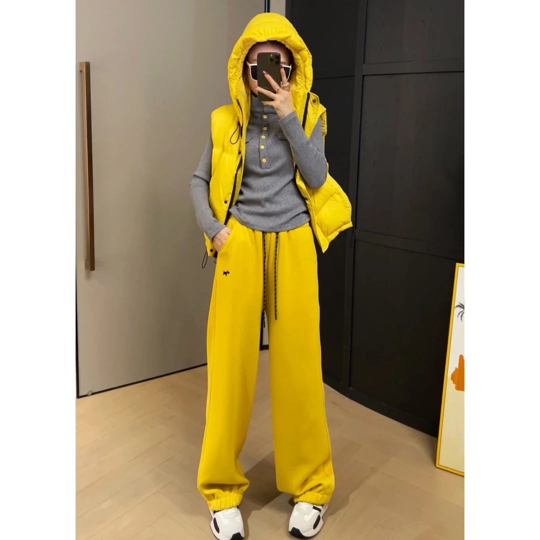 加绒加厚休闲裤冬季新款显瘦高腰时尚宽松拖地直筒裤抽绳百搭长裤