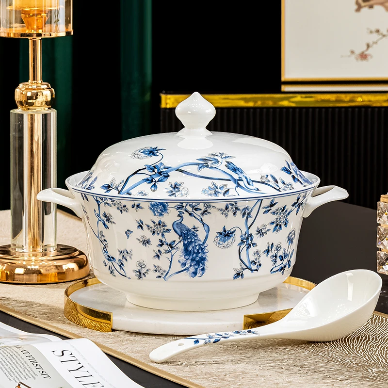 【青花孔雀陶瓷汤煲】5升容量家用带盖高档创意中式大号装汤送汤