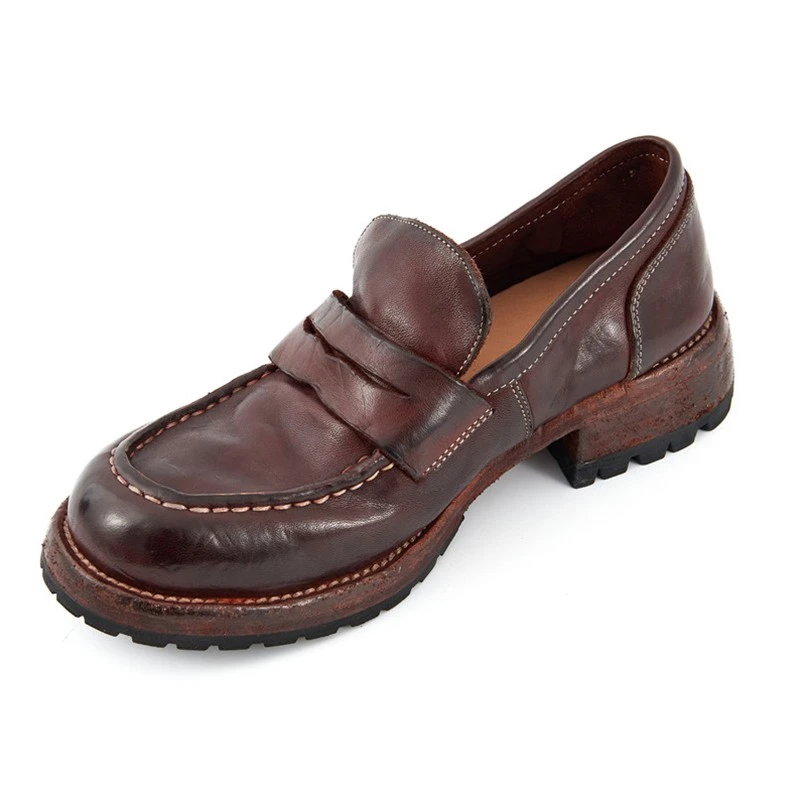 柔软舒适复古做旧水洗手工鞋英伦风粗跟厚底增高乐福鞋马皮单鞋女