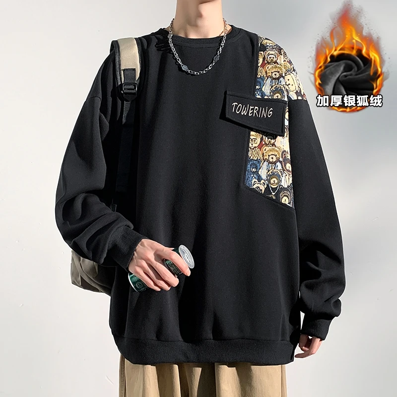 棉质圆领卫衣男秋冬新款潮流港风ins宽松大码菠萝格刺绣百搭上衣