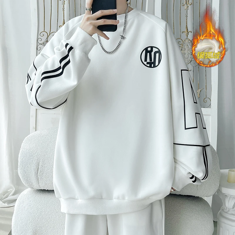 撞色圆领卫衣男设计感潮流港风ins宽松大码字母印花百搭上衣外套