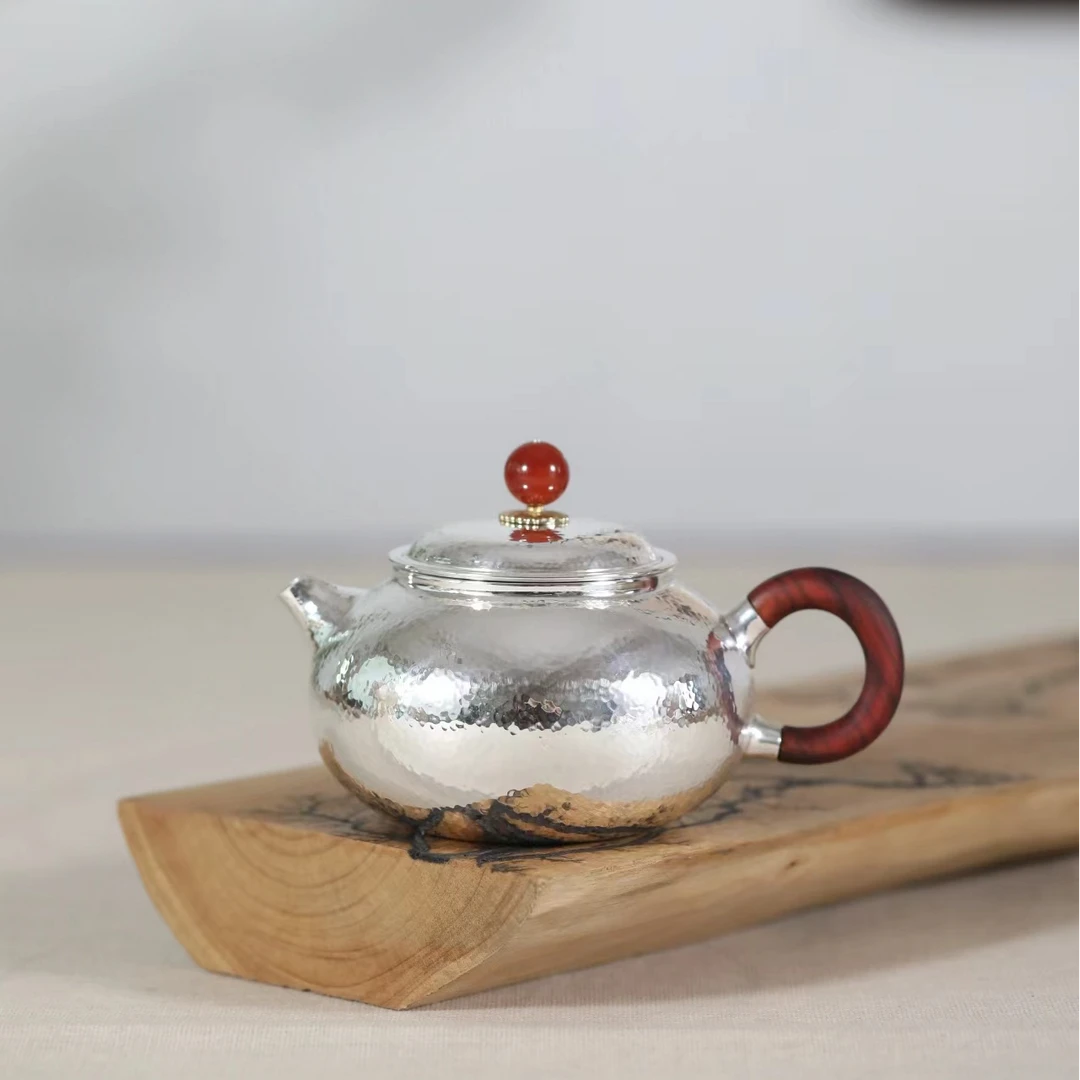 【银壶老罗】 手打锤纹一张打木把泡壶西施泡茶壶精美亮锤纹足银999