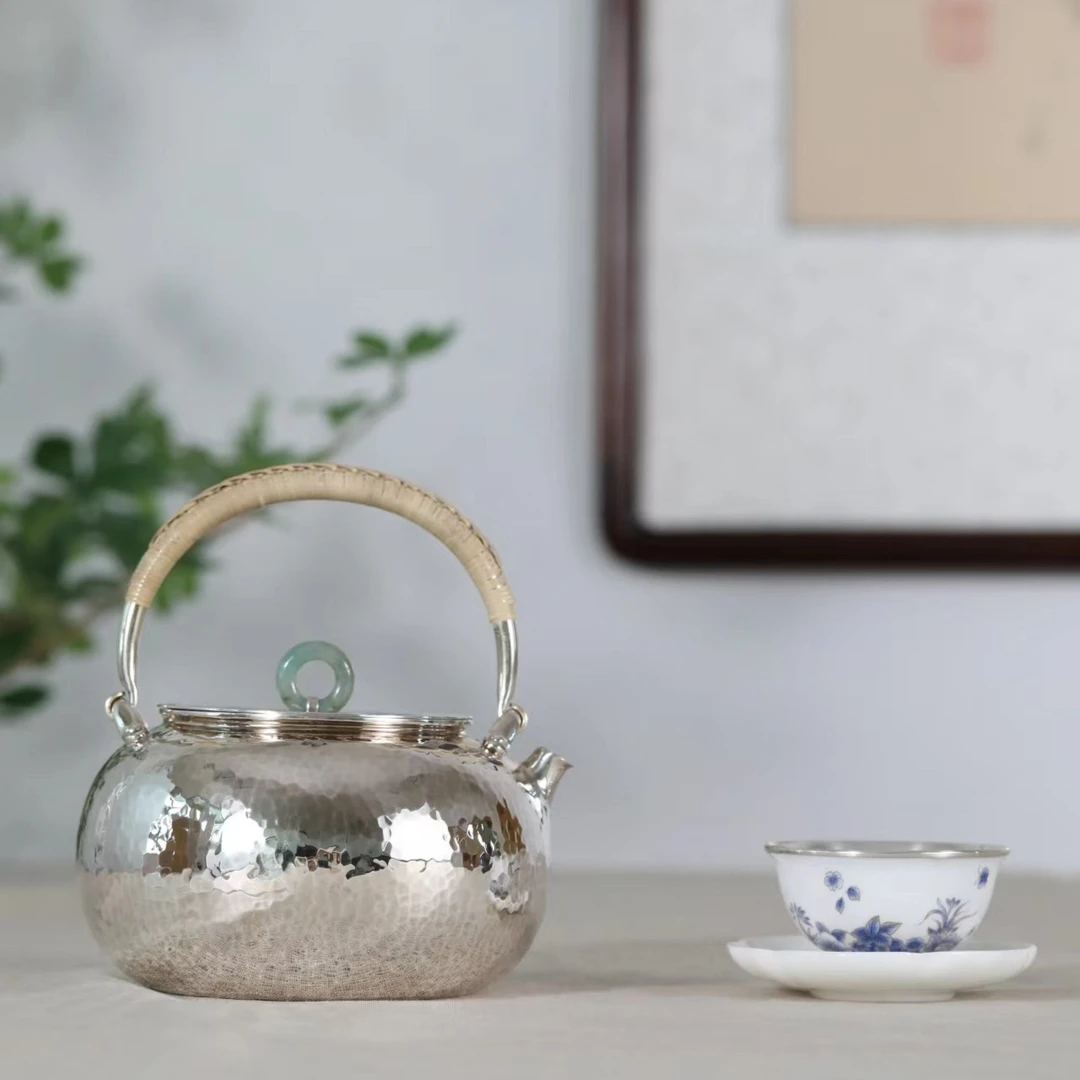 【银壶老罗】纯手工一张简约亮锤纹烧水煮茶提梁壶800毫升足银999