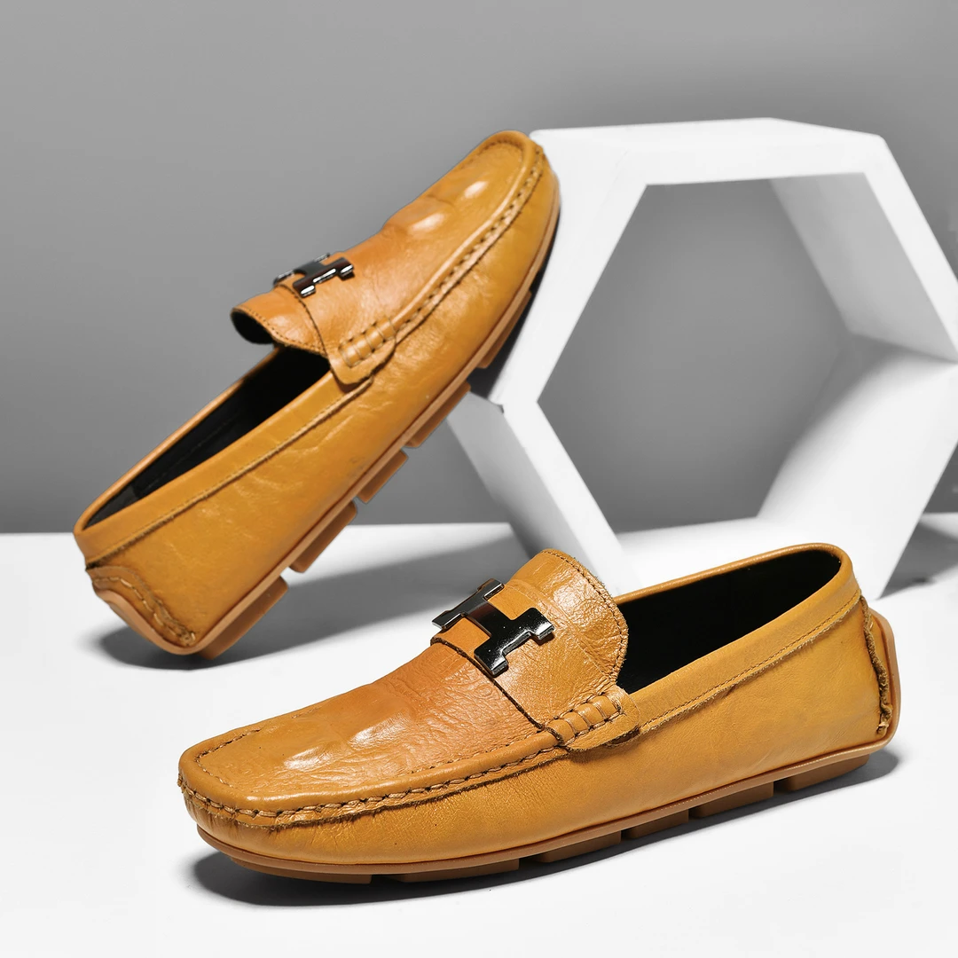 亮色豆豆鞋男真皮商务一脚蹬夏季懒人鞋软底透气牛皮休闲驾车鞋