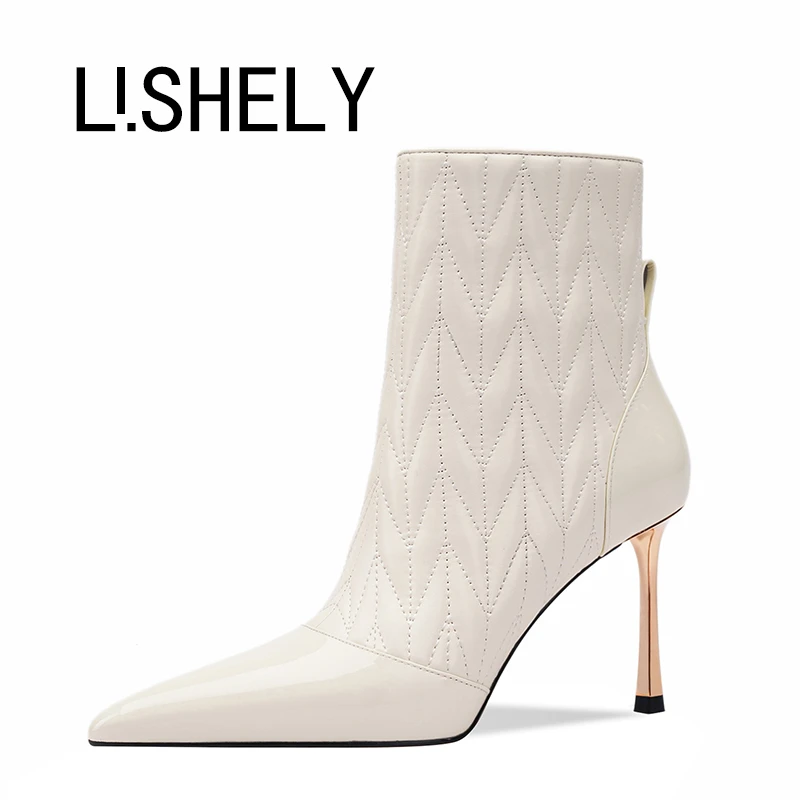 1107[璃心婉韵]秋冬羊皮短靴细跟聚会法式细高跟短靴白色时尚尖头