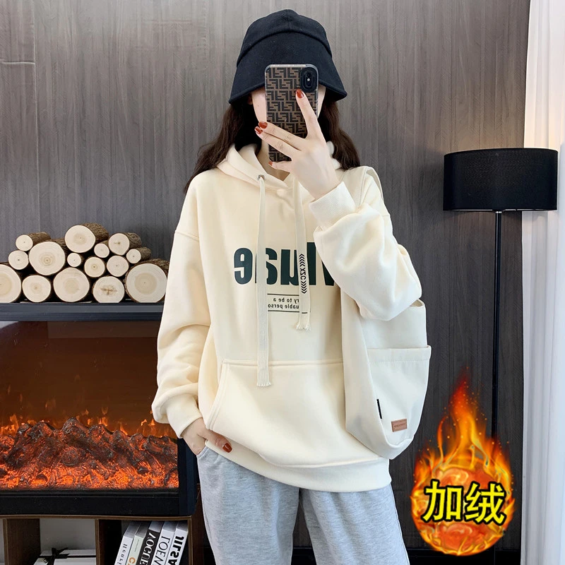 韩版加绒加厚女士棉卫衣冬连字母帽宽松百搭时尚