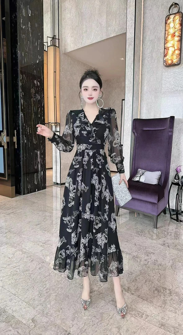 22082-A-1-2-1  法式碎花中长连衣裙气质显瘦 海边度假沙滩长裙子