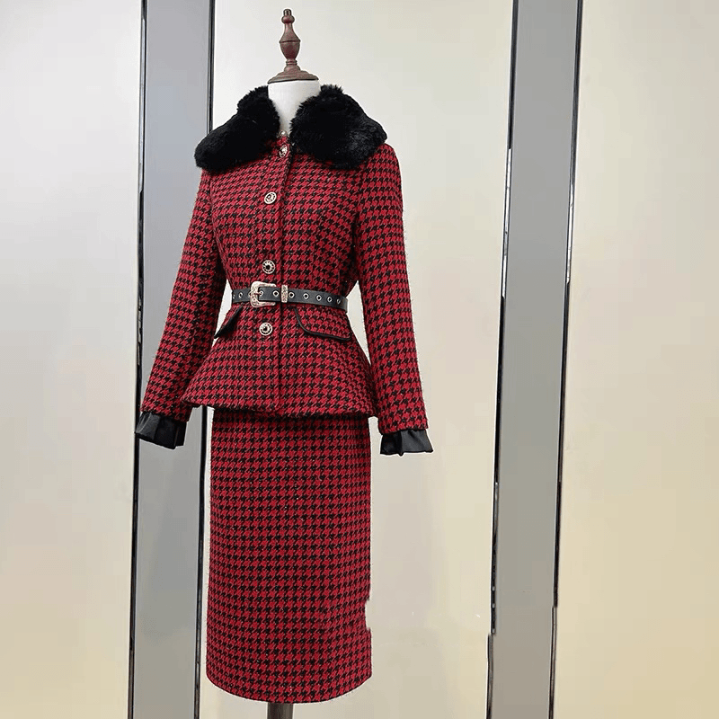 86512-G-2-4-1   小香风千鸟格套装秋装新款气质高档半身裙两件套