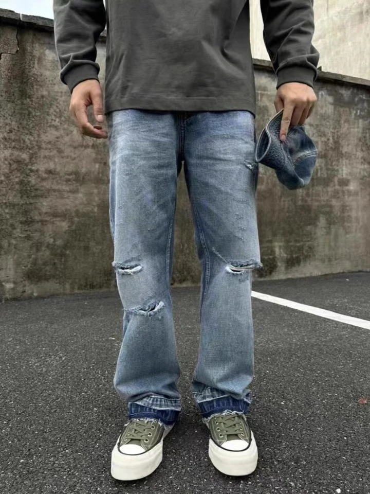 23SSK192直筒毛边设计冈山牛仔重水洗做旧刀割磨破宽松牛仔裤长裤