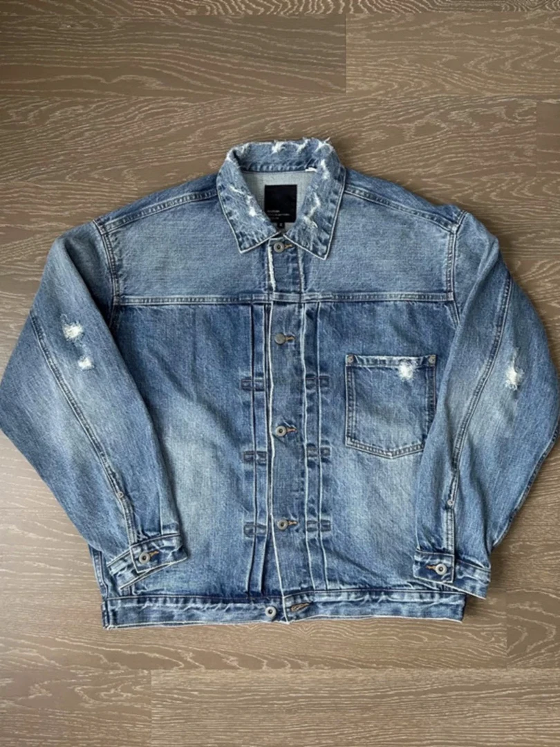 复古牛仔夹克翻领外套磨破怀旧水洗做旧美式复古时尚男女同款