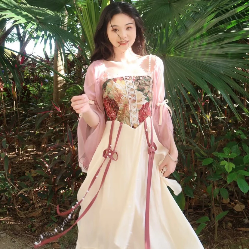 瑶西【海湾恋人】汉元素粉色气质原创设计收腰重工仙女裙仙气连衣裙