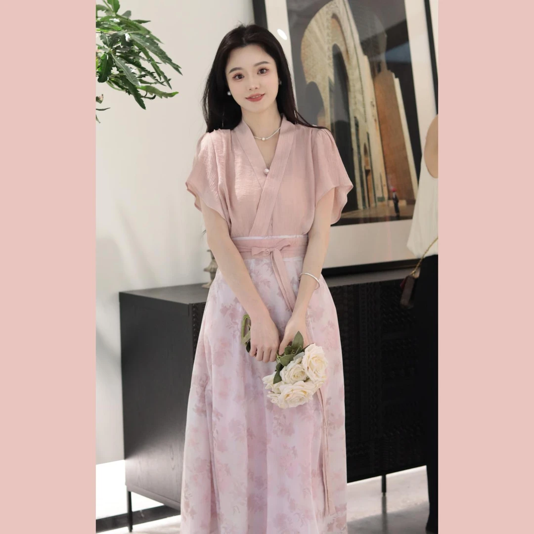瑶西【一曲宋词·粉】中国风原创设计夏季新中式两件套印花气质套装