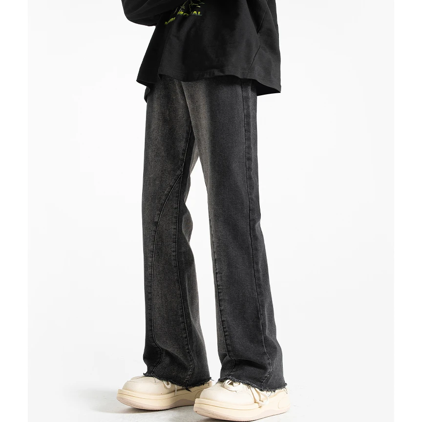 夏季美式复古做旧微喇牛仔裤男潮牌宽松百搭拖地长裤高街阔腿裤