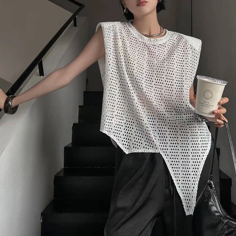 不规则蕾丝衫女2025新款圆点镂空无袖垫肩上衣短款宽松正肩t恤夏