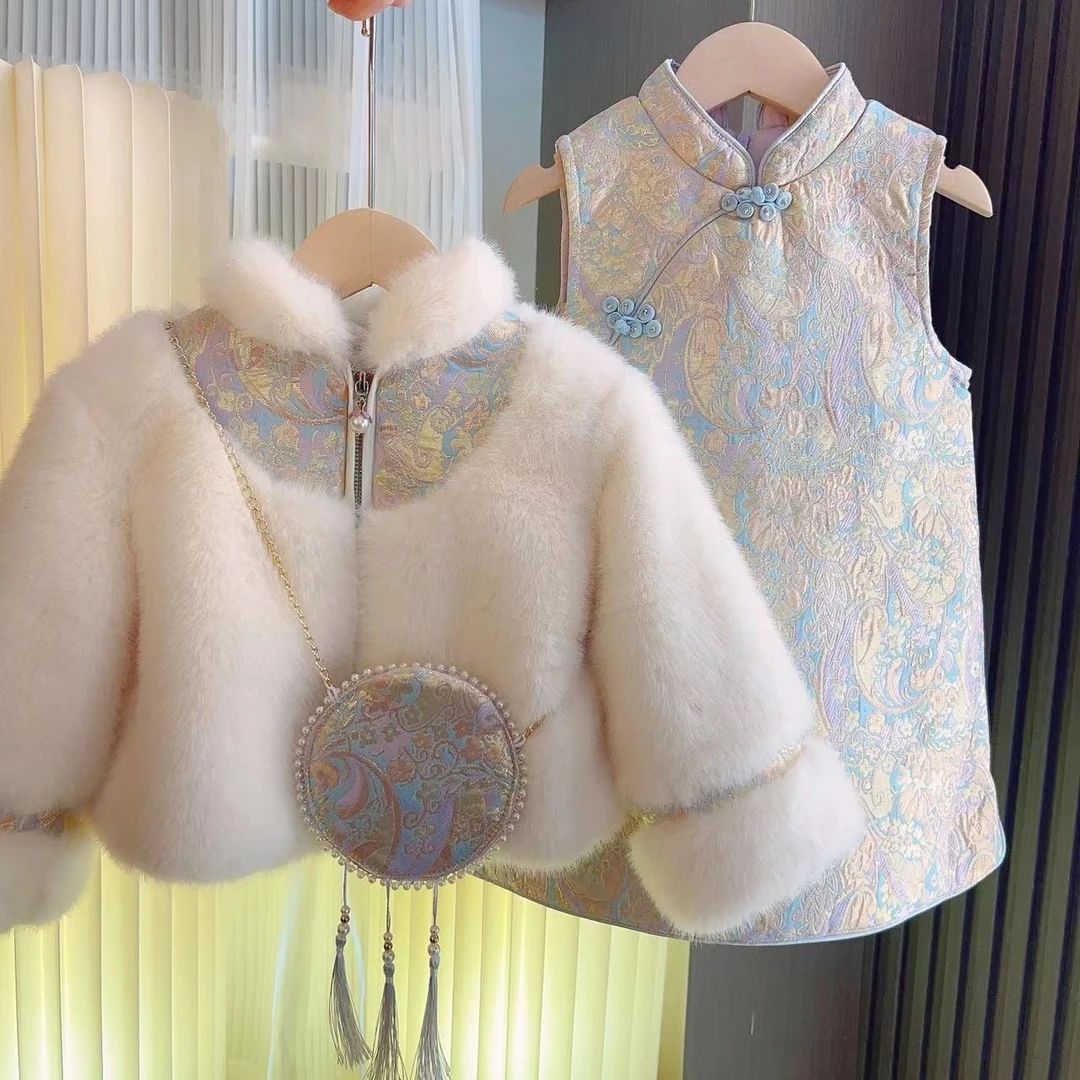 新款中国风唐装冬装加厚汉服儿童套装过年服喜气新年款女童