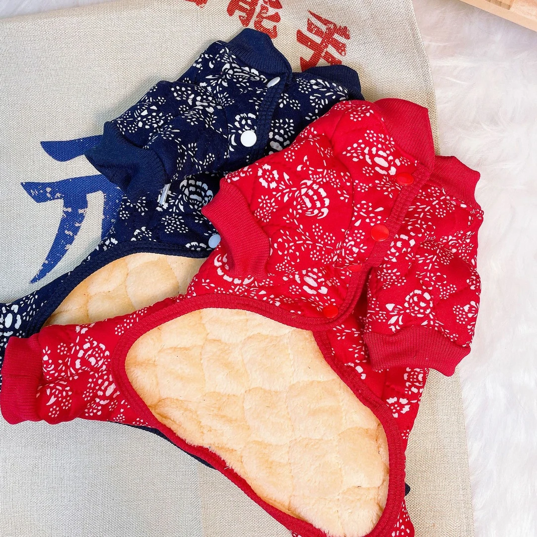 狗狗衣服秋冬款四脚衣保暖加绒老花开衫夹棉泰迪比熊博美小鹿法牛