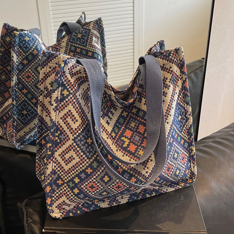 大容量民族风包包2025网红帆布包手工编织托特包女ins单肩手提包
