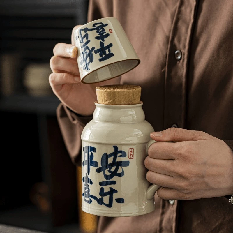 学生宿舍用小水壶闷茶壶文艺风陶瓷壶大容量水壶水杯带盖中式杯子