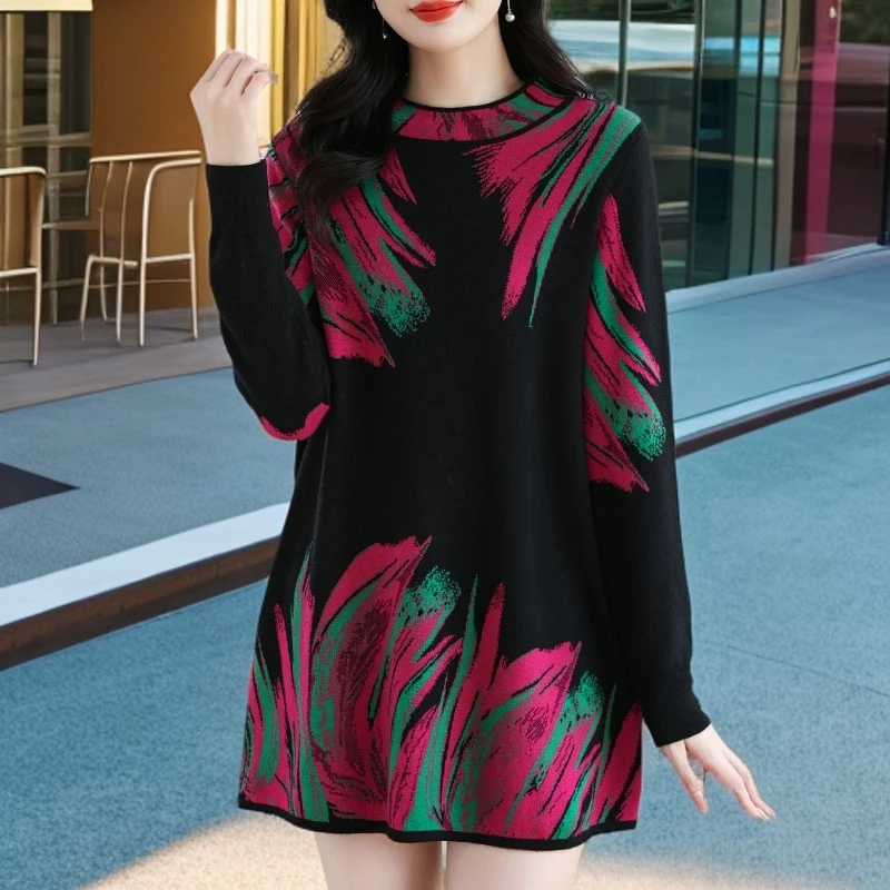 春秋长袖半高领中长款毛衣羊毛羊绒装冬季大码打底衫妈妈宽松提花