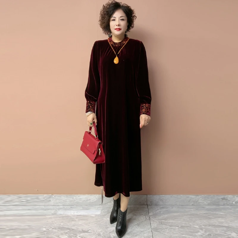 长袖显瘦大码连衣裙长裙新款旗袍秋冬女气质打底宽松妈妈高贵丝绒