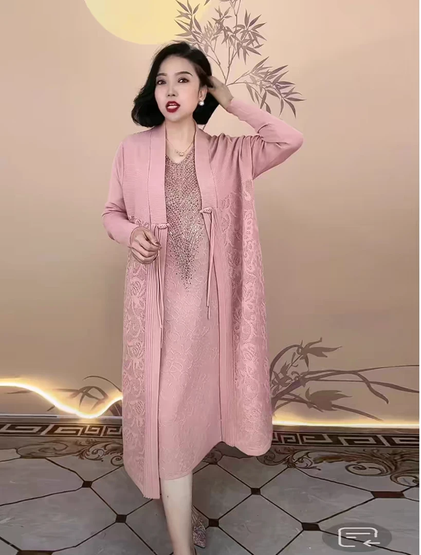 外套钻显瘦服婚宴针织婆婆V针织弹力连衣裙重工领烫开衫两件套喜