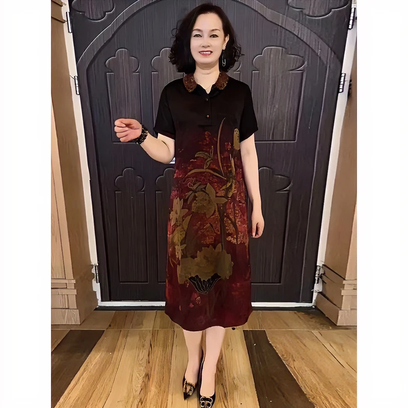 短袖翻领套头妈妈中国风新款宽松遮肚复古提花气质大码网红裙子